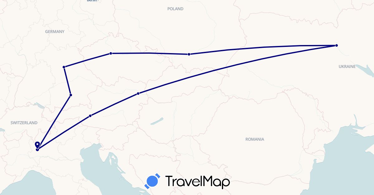 TravelMap itinerary: driving in Austria, Czech Republic, Germany, Italy, Poland, Ukraine (Europe)